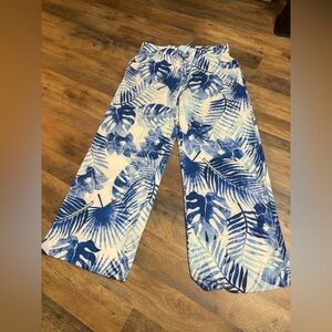 Beach Break Tropical Wide-Leg Pants – Size L – Blue Palm Print